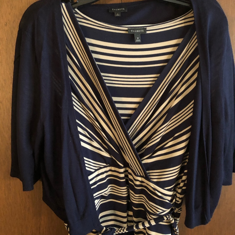 Talbots Soft Stretch Medium Short Sleeve Navy/Beige Dress with Navy Sweater